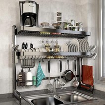 Loyalfire 싱크대 접시 건조대 2단 스테인리스 스틸 대형 보관 조절 가능한 주방 랙 (62 cm -955 cm) 확장 배수구 선반 및 컵 걸이 세트 포함, Black