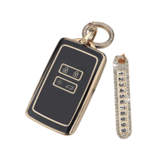 키에티 르노삼성 QM6 XM3 실버라인 스마트 차 키케이스 키홀더 + 분실방지 큐빅 전화번호판, 블랙 골드라인