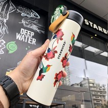 스타벅스 우드 텀블러 스테인리스 대용량 남녀 커플 선물용 보온병, 클래식 꽃향 473ml