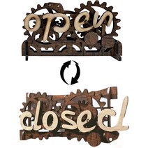 iGrow open close 팻말 우드 오픈클로즈안내판 영업중 개업선물 나무 기어 크리에이티브 수동 기계 OPEN CLOSED 팻말, 브라운