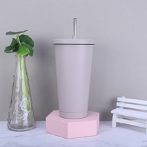 500ml 스테인리스강 빨대컵 더블 진공커피컵 304 보온컵 차량용 물컵 버블티 덮개 콜드컵 보온 보냉 커피 텀블러, 회색/회색
