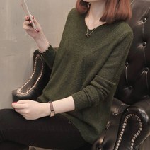 스타일아유 여성 가을철 데일리 루즈핏 브이넥 반팔 니트 티셔츠 오피스 캐주얼