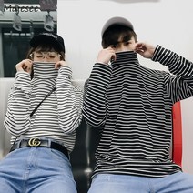 고급 수입 오버사이즈 터틀넥 티셔츠 긴팔 커플 세련된 레저 캐주얼웨어 Ins 남성 스타일 BF티셔츠 줄무늬 얼짱