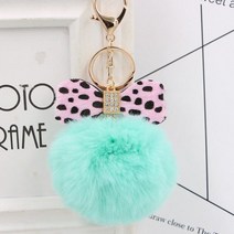 보우 라인 석 Pom 키 체인 솜털 인조 모피 Pompoms 여자 열쇠 고리 가방 Keycha Craft Cute Keychain Charms, [09] Mint Pink