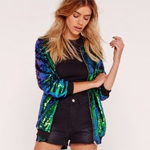 Chicuu 패션 여성 스팽글 코트 폭격기 재킷 긴 소매 지퍼 스트리트웨어 캐주얼 느슨한 반짝이 겉옷