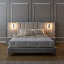 럭시2 호텔형 패브릭 라지 퀸침대＋패널2＋협탁2 풀세트, 라이트그레이+크림