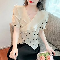 크로스 블라우스 프랑스 폴카 도트 셔츠 여성 2023 여름 새로운 자기 재배 기질 크로스 프릴 넥 퍼프 슬리브 쉬폰 탑