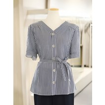 [JJ지고트] 브이넥 스트라이프 벨티드 블라우스 GL6M0BL_95(1967543)