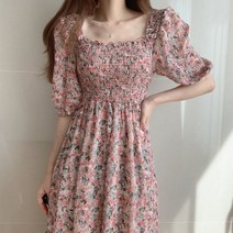 프랑스 빈티지 스퀘어 넥 버블 슬리브 쉬폰 꽃 드레스