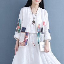 DAPANDA 봄여름 에스닉 리넨 자수 패치 셔츠 여 박시 캐주얼 면 마 버클 루즈핏 카디건