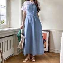 네쥬 여성 여름 데님 밴딩 플레어 끈 나시 롱 원피스
