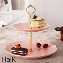 케이크 케잌 접시 2단 3단 트레이 마카롱접시 크리스마스 디저트 홈파티 호텔 그릇 플레이트, 로즈이중판분말(중판+소판)