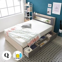 [3만원 즉시할인]장인가구 스텔라 LED 수납헤드 4서랍 침대 퀸+포켓매트, 워시그레이