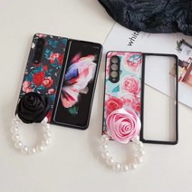 사은품/갤럭시 Z폴드4 Z폴드3 ZFold4 ZFold3 F736 F726 제트폴드4 지폴드3 폴더블폰 레트로 감성 꽃무늬 장미 진주 스트랩 하드 범퍼 케이스