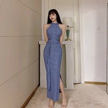 DFMEI 트임 민소매 스트랩 슬림 롱 스커트 오프닝 여성 원피스 드레스