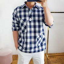 코코로맨틱 남자 오버핏 린넨 체크 셔츠 남방 2컬러