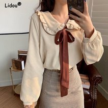 왕리본블라우스 리본셔츠 여름 sweet elegan 피터팬 칼라 긴 프릴 싱글 브레스트 기질 세련된 여성용