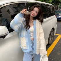 트렌디한 체크 반반 물결 케이블 간절기 니트 가디건