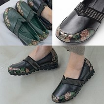 벨루치슈즈 여성 천연소가죽 큐빅 꽃프린팅 3.5cm 통굽 발편한 엄마 중년 로퍼 단화 컴포트화 효도화