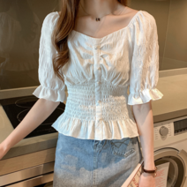 덴타르 여리핏 브이넥 셔링 주름 반팔 블라우스 (M L XL)