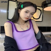 DFMEI 패치 퍼 탑 솔리드 쇼트 니트 나시녀