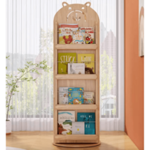 360도 회전 원목 곰돌이 책장 수납장 책꽂이, 브라운 4단 오픈형