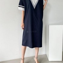 [바보사랑] 여자 V모양 레이스 반팔 일자 정장 린넨 롱원피스