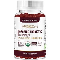 미국유산균 SMNutrition 유기농 프로바이오틱스 구미 소화 건강 및 지원을 위한 50억 CFU 하디 바실러스 서브틸리스 딸기 츄어블 글루텐 프리 비건 60캐럿