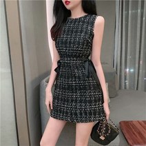 트위드 원피스 Vestidos-여름 드레스 여성 민소매 레이스업 보우 라운드넥 체크 무늬 클래식하고 우아한 캐주얼 엠파이어 짧은 미니 드레스