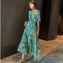 빅사이즈 하와이안 트로피칼 비치 바다 롱 원피스