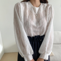 브이와이 여자 비침 U넥 잔주름 민무늬 깃털 블라우스