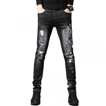 조폭 건달 청바지 특이한 남성 화려한 남자 데님 블랙 찢청 워싱 스판 자수 용 드래곤 슬림