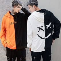 남성 2색 하프컬러 스트릿패션 오버핏 후드티셔츠