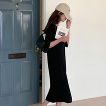 옷자락 [옷자락] 여자 휴양지룩 편안한 브이넥 루즈 반팔 롱원피스
