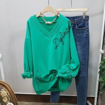상상그이상 여성용 국내제작 겨울 여성 맨투맨 자수 레터링 브이넥 긴팔티 따뜻한 양기모 데일리 티셔츠