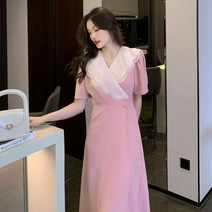 여성 프렌치 레이스 빅카라 랩 버튼 조거A라인 원피스 여름 단아한 캐주얼 정장 미디 스커트