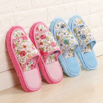 [1+1] 청소실내화 폭신 극세사 청소슬리퍼 거실 층간소음방지 탈부착형 겨울 걸레 슬리퍼 보송, 꽃블루+꽃핑크