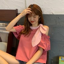 퐁순싸롱 코튼 면 오프숄더 어깨트임 리본 반팔 블라우스 SY