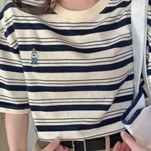 데일로엔 여성용 곰돌이 자수 줄무늬 반팔티셔츠