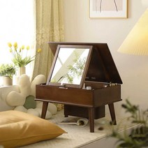 좌식 미니 화장대 원목 메이크업 테이블 덮개식 거울, 조립 달빛 베이 창 호두 나무