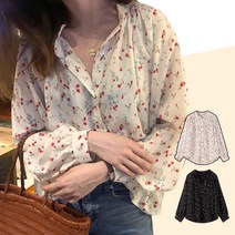 러블리 긴팔 봄가을 퍼프 꽃무늬 쉬폰 블라우스