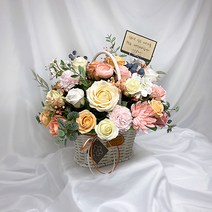 둥둥플라워 프리미엄 비누꽃바구니 생일꽃바구니 부모님선물 결혼기념일 출산 개업 승진 집들이 축하 꽃선물 장미 카네이션, [넉넉한 바구니] 살구믹스