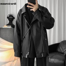 Mauroicardi봄 블랙 오버사이즈 가죽 바이커 자켓 남성 캐주얼 루즈 한국 패션 인조 가죽 자켓 남성