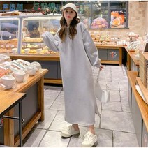 Momolatti 빅사이즈 여성 오버핏 후드 기모 긴팔 원피스