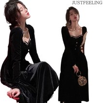 JUSTFEELING 가을 겨울 프렌치 벨벳 스퀘어넥원피스 슬림핏 긴팔 럭셔리 롱 원피스