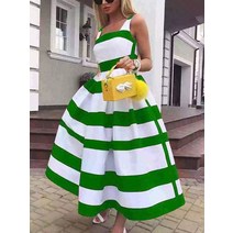 여성용 오프숄더 롱 파티 드레스 스트라이프 프린트 민소매 세련된 A 라인 서스펜더 비치 여름 패션, 04 Green+L