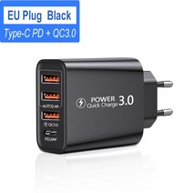 튼튼한케이블 USB c타입 급속 충전기 60W 3.0 휴대폰 4 포트 벽 고속 충전 PD, 블랙 EU