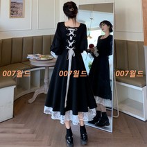 해외 롱원피스 롱니트 뚱뚱한 동생 빅 사이즈 프렌치 빈티지 헵번 원피스 봄가을 슬림 슬림 레이스 패치