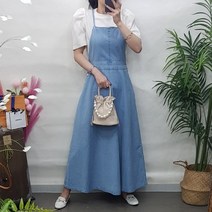 제이후 진청 연청 끈 오버롤 멜빵 뷔스티에 맥시 플레어 데님 롱 원피스