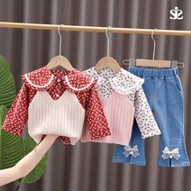 루라줌) 아기 신생아 베이비 베베 유아 아동 키즈 6개월 돌아기 두돌 여자아이 여아 들꽃 리본 뷔스티에 조끼 베스트 쓰리피스 프릴 블라우스 청바지 데님 팬츠 BL 상하복세트 팬츠